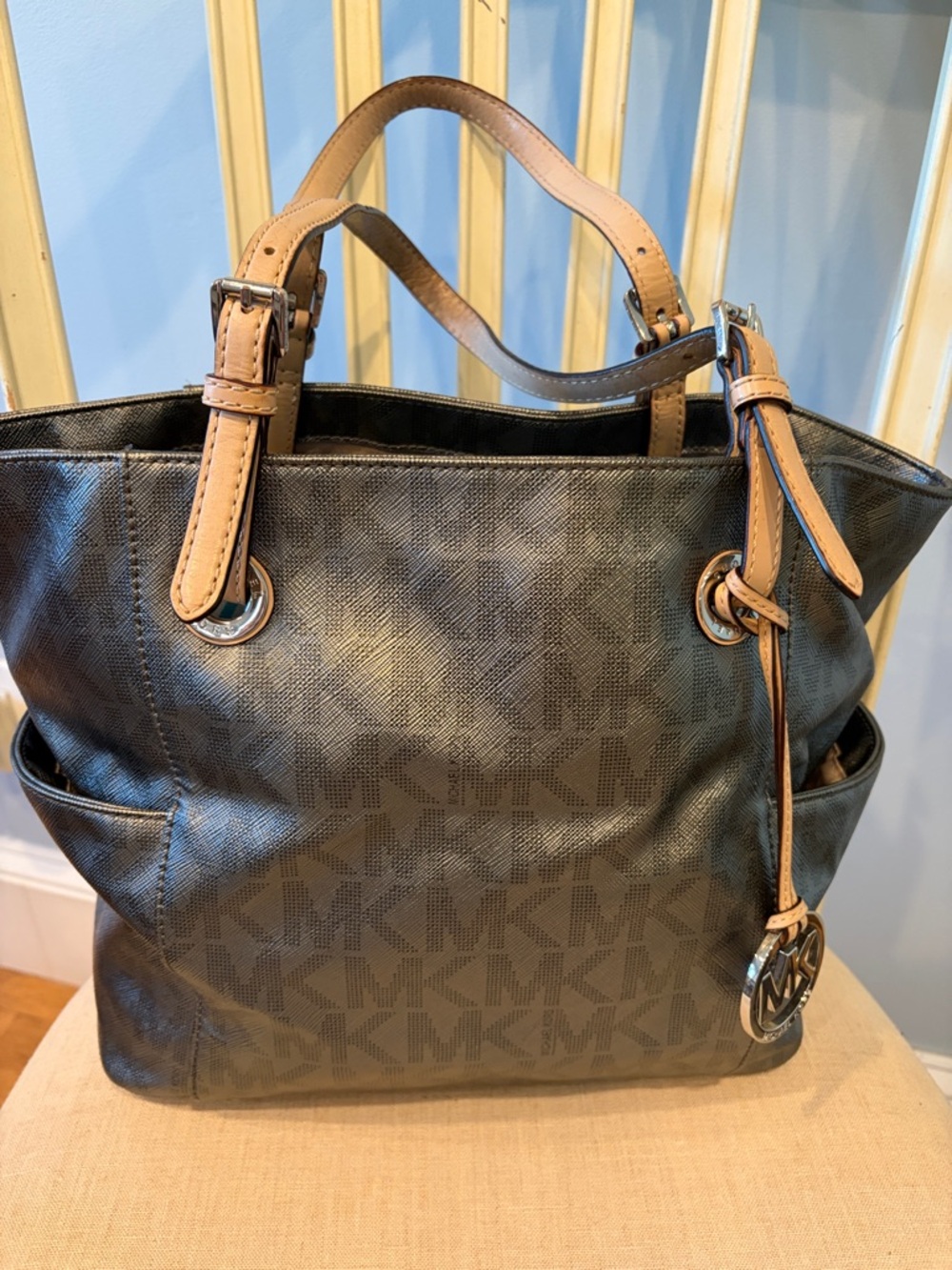 Michael Kors Metallic Brown Logo Tote with Tan Leather Handles